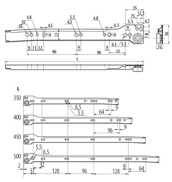 118mm High x 450mm Pan Drawer Slides (Dimensions)