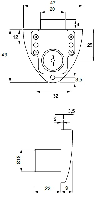 Shield Shape Drawer Lock Keyed Alike (Dimensions)