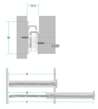 Roller Drawer Slides Side Fix 550mm (22") Brown (Dimensions)