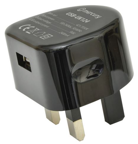 UK USB Mains Plug 2.4A Black