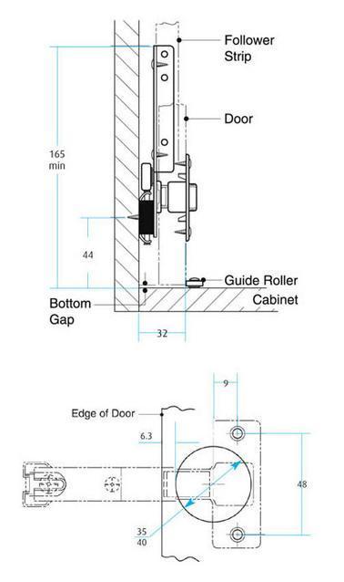 Pivot Door Slides for Thicker Doors 406mm (16") (Dimensions)