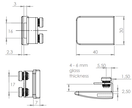 Square Lock Striker for Double Glass Door Matt Chrome Plated (Dimensions)