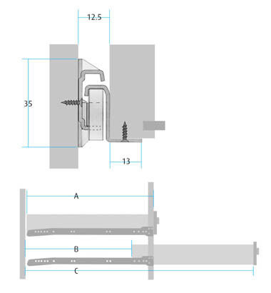 Roller Drawer Slides Bottom Fix 350mm (14") White (Dimensions)