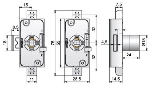 Lehmann VCS 18.2 Espagnolette Lock Housing 15mm Backset (Dimensions)