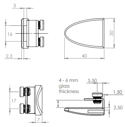 Badge Lock Striker for Double Glass Door Matt Chrome Plated (Dimensions)