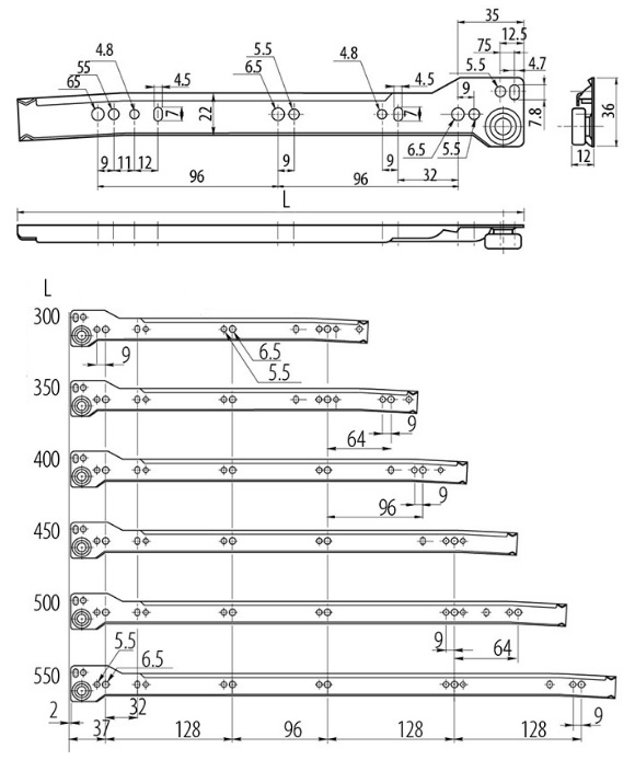 150mm HIgh x 350mm Pan drawer Slides (Dimensions)