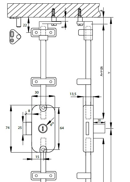 Espagnolette Lock with 19x20mm Nozzle Differ NP (Dimensions)