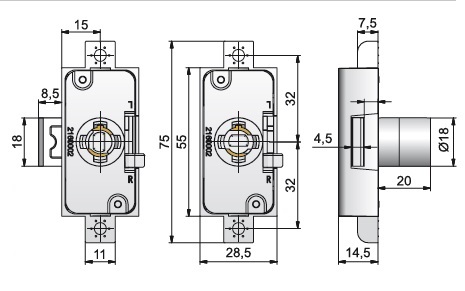 Lehmann VCS 18.2 Espagnolette Lock Housing 15mm Backset (Dimensions)