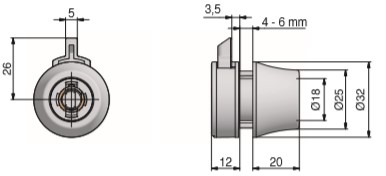 18mm Glass Door RH Slam Lock Conical (Dimensions)