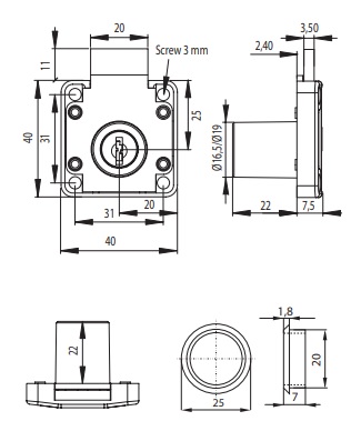 LH Cupboard Lock 19 x 22 KA D20 (Dimensions)