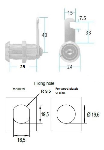 25mm Threaded Cam Lock with Cam Keyed Alike (Dimensions)