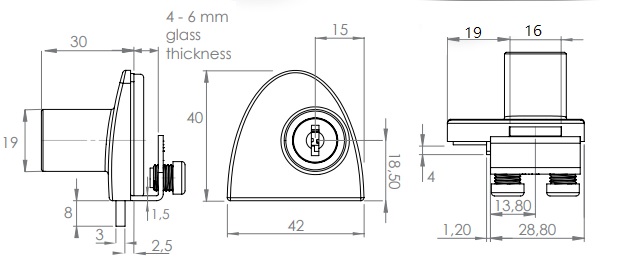 Badge Lock for Double Glass Door Differ Gold (Dimensions)
