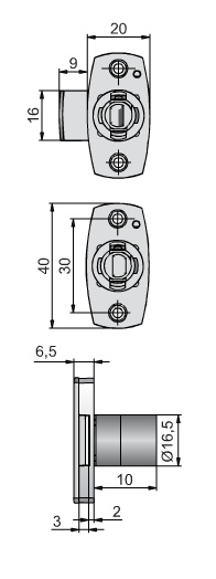 Narrow Frame Drawer Lock Housing 16.5mm (Dimensions)